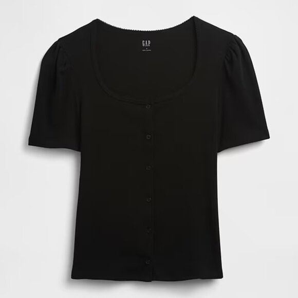 GAP Black Ribbed Scoop Neck Puff Sleeve Top/NWT/XL - Picture 5 of 13